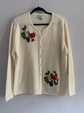 BFA CLASSICS Cream Embroidered Cardinal Pearl-Detail Cardigan